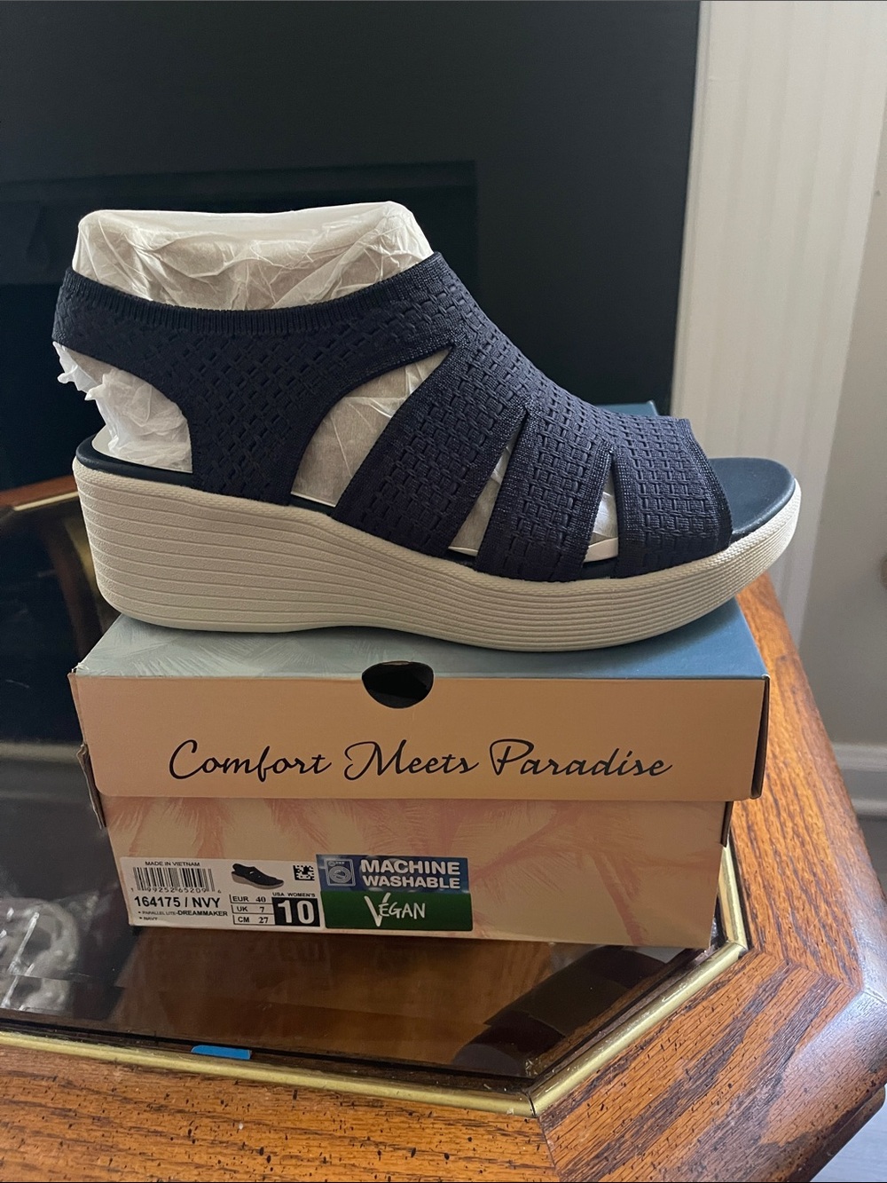 Navy Knit Wedge Sandal with Cream Platform